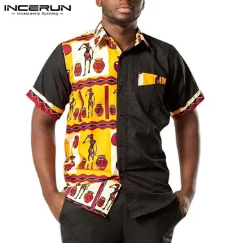 INCERUN Vyrų Marškinėliai Afrikos Drabužius trumpomis Rankovėmis Vasarą Streetwear Spausdinti Kratinys 2021 Dashiki Atsitiktinis Marškinėliai Mados Atvartas Camisa