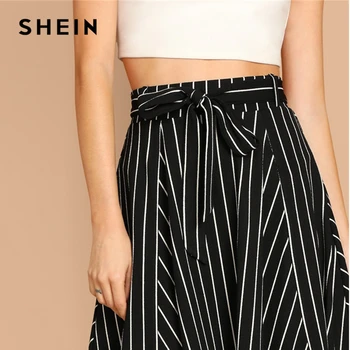 SHEIN Boho Juoda ir Balta Aukšto Juosmens Dryžuotas Juostinės Shift Linijos, Sijonas Moterų 2019 M. Pavasarį Elegantiškas Atsitiktinis Streetwear Midi Sijonas