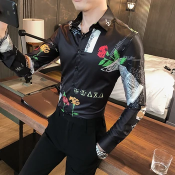 2021 Naujas ilgomis Rankovėmis GĖLIŲ Spausdinti Klasikinio Stiliaus vyriški Havajų JUODI Marškinėliai Prarasti prancūzų Manžetai Prekės ženklo Mados Marškinėliai M-3XL