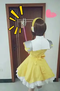 Cardcaptor Sakura kinomoto sakura cosplay kostiumų geltona suknelė su plaukų aksesuaras, pilnas komplektas