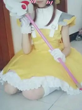 Cardcaptor Sakura kinomoto sakura cosplay kostiumų geltona suknelė su plaukų aksesuaras, pilnas komplektas