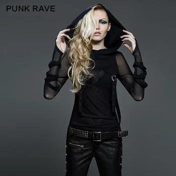 PUNK RAVE Punk Moterų Tamsios Gatvės T-Shirt Didelis Gaubtas Juodas Permatomas ilgomis Rankovėmis Ruožas Marškinėliai, Sunkiųjų Steampunk Viršūnes Gobtuvu