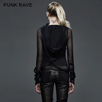 PUNK RAVE Punk Moterų Tamsios Gatvės T-Shirt Didelis Gaubtas Juodas Permatomas ilgomis Rankovėmis Ruožas Marškinėliai, Sunkiųjų Steampunk Viršūnes Gobtuvu