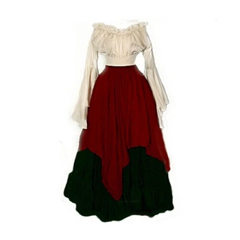 Nekilnojamojo Kulka Viduramžių Suknelė Vintage Renesanso Moterų Kostiumas Šalis Sielovados Retro Apvalios Kaklo Aukštos Juosmens Elegantiškas Saldus Sijonas