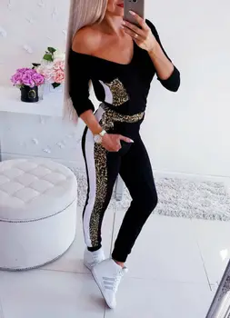 Moteriški Jumpsuit ilgomis Rankovėmis V-kaklo, Atsitiktinis Leopard Ruožas Romper Bodycon Ilgai Playsuit Jumpsuit Kelnės Kelnės Femme S-XL