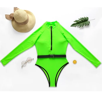 Vėjo Naujas Liuminescencinės Seksualių Moterų Maudymosi Kostiumėlį Ilgomis Rankovėmis Diržo Bikini Užtrauktukas Vientisas Bikini Monokini Paplūdimio Maudymosi Kostiumas