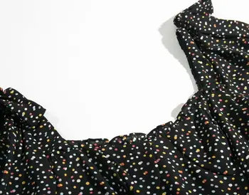 Juodos spalvos šifono suknelė moterims polka dot nėrinių ilgio sluoksniuotos rankovėmis atsitiktinis streetwear rudenį šalis suknelė femme skraiste nauja siunta 2019