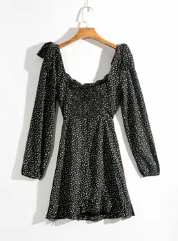 Juodos spalvos šifono suknelė moterims polka dot nėrinių ilgio sluoksniuotos rankovėmis atsitiktinis streetwear rudenį šalis suknelė femme skraiste nauja siunta 2019