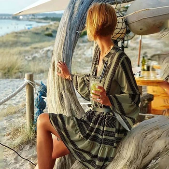 Dryžuota Mini Dresss Moterų Bohemijos Šalies Trumpas Paplūdimio Kutas Suknelė Vasaros Atsitiktinis V-Kaklo Pusė Rankovės Prarasti Sundress Moteriška Suknelė
