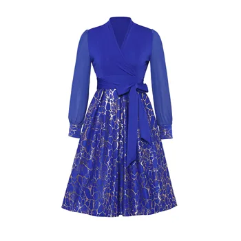 Moterų Royal Blue Pasakų Suknelės Moterų Patenka 2019 Long Sleeve Lace-Up Atsitiktinis Juoda Biuro Ponios Darbo Partijos Elegantiškas Retro Suknelė