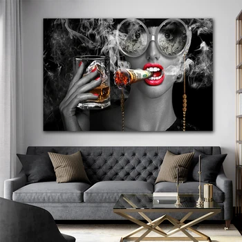 Rūkymas Moteris su Stiklo Akiniai, Plakato Spausdinimas Aliejaus Tapybai Sienos Nuotraukas Kambarį Frameless Veidrodėliai Atkreipti Core