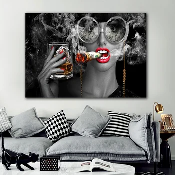 Rūkymas Moteris su Stiklo Akiniai, Plakato Spausdinimas Aliejaus Tapybai Sienos Nuotraukas Kambarį Frameless Veidrodėliai Atkreipti Core