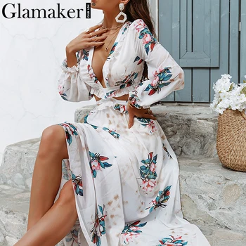 Glamaker Backless seksualus raukiniai holiday beach maxi suknelė Gėlių spausdinti mados vasaros vestidos Bohemijos v kaklo tvarstis suknelė nauja