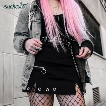 SUCHCUTE užtrauktukas iki moterų sijonai metalo grandinės Modis gotikos mini sijonas-line black pavasario 2020 streetwear moteriška šalis komplektai