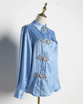 GETSRING Moterims Palaidinės Retro Nereguliarus Juostele Moterų Marškinėliai ilgomis Rankovėmis Linkę Mygtuką Blue Marškinėliai Moterims Nesimetriškas Viršuje 2019
