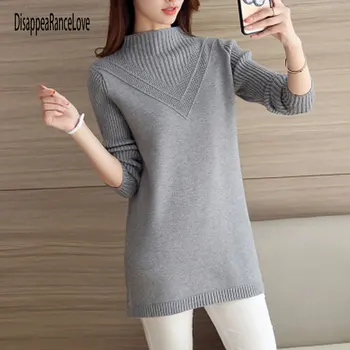 2020NEW moterų megztinis viršutiniai drabužiai vidutinio ilgio pagrindinio puloveriai office lady megztinis sustorėjimas vientisos spalvos Megztinis golfo