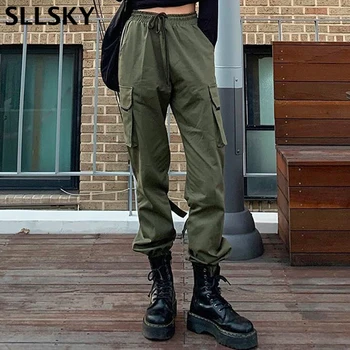 SLLSKY Moterų Armijos Žalioji Krovinių Kelnės Moterims Pavasario Raišteliu Aukšto Juosmens Kišenę Laisvus Kaklaraištis Kojų Kelnės Atsitiktinis Streetwear Kelnės