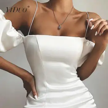 YiDuo Off Peties Satino Bodycon Suknelės Moterims Sluoksniuotos Rankovėmis Backless Mini Suknelė Moterų Sexy Pink Šalis Suknelė Balta Vestidos 2019