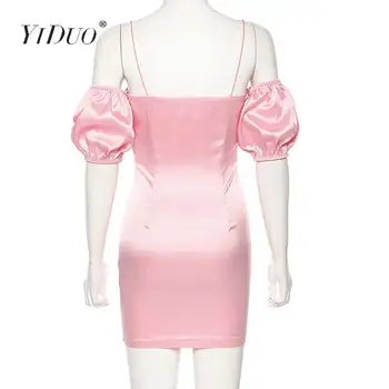 YiDuo Off Peties Satino Bodycon Suknelės Moterims Sluoksniuotos Rankovėmis Backless Mini Suknelė Moterų Sexy Pink Šalis Suknelė Balta Vestidos 2019
