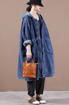 Moterų nauja rudens ir žiemos pradžioje korėjos syle plius dydis viršutiniai drabužiai Literatūros didelis kišenėje gobtuvu M-ilgio, laisvi džinsai tranšėjos