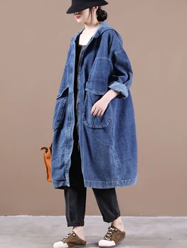 Moterų nauja rudens ir žiemos pradžioje korėjos syle plius dydis viršutiniai drabužiai Literatūros didelis kišenėje gobtuvu M-ilgio, laisvi džinsai tranšėjos