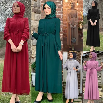 WEPBELArab Dubajaus Moterų Musulmonų Suknelė Aukšto Juosmens Elegantiškas Abaja Kulkšnies Ilgio Šifono Suknelė Skraiste Vientisos Spalvos Atsitiktinis Marocain Kaftan
