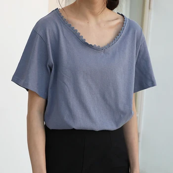 2020 Naujas Moterų Pagrindinio Tees korėjos Mados Lacework V-Kaklo trumpomis Rankovėmis T-shirt Moterų Vasaros Atsitiktinis Viršūnės