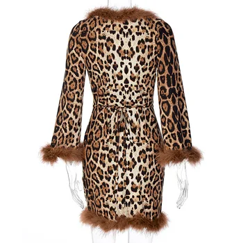 Kailio Apykakle Leopard Moterų Mini Suknelės 2020 M. Rudenį Ilgomis Rankovėmis Seksualus Giliai V Kaklo Naktinis Klubas Šalis Suknelė Chaki Nėrinių Vestidos