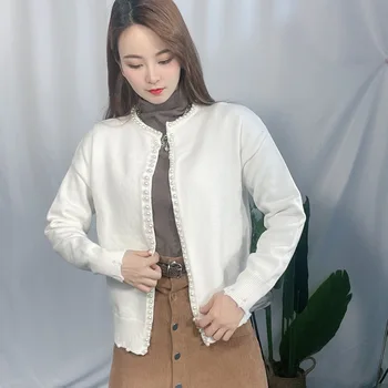 Korėjos Stiliaus Pavasarį, Rudenį Jauni Plona Apranga Medvilnės O Kaklas Baltas V-Kaklo Megztinis Mygtuką Palaidinukė