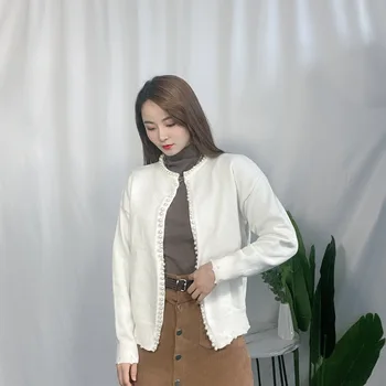 Korėjos Stiliaus Pavasarį, Rudenį Jauni Plona Apranga Medvilnės O Kaklas Baltas V-Kaklo Megztinis Mygtuką Palaidinukė