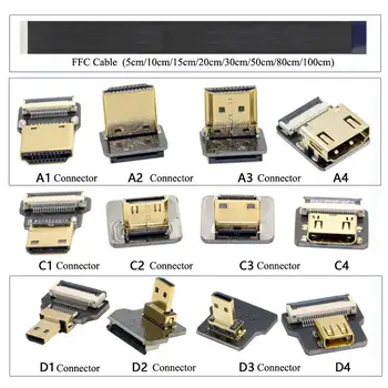 FPV HDMI,HDMI Juostelės Kabelis,90 Laipsnių Micro /Mini HDMI į HDMI Standartas, PCB Jungtys, 20pin