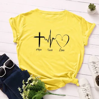 2019 metų Moteris marškinėliai Medvilnės trumpomis Rankovėmis Plius Dydis Moterų Marškinėliai Tikėjimo, Vilties, Meilės Laiškų Spausdinimas Ponios Viršūnes Harajuku marškinėlius
