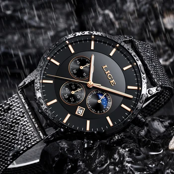 Ultra plonas Vyrų Laikrodžiai LIGE Prekės Vandeniui Vyrų Nerūdijančio Plieno Watchband Juoda Kvarcinis Laikrodis Mados Sport Riešo Žiūrėti Men+Box