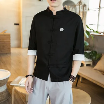 2019 Kinų stiliaus marškinėliai vėjo medvilnės skalbiniai, pavasarį, rudenį, siuvinėjimo tango kostiumas trumpomis rankovėmis lino medžiaga dėklas mygtuką drabužiai