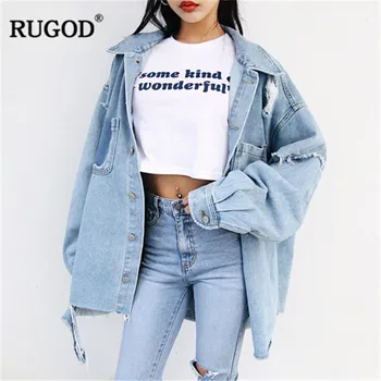 RUGOD korėjos prarasti jean striukė moterims Mados kankina ilgomis rankovėmis negabaritinių džinsinio streetwear draugu drabužių 2019 naujas