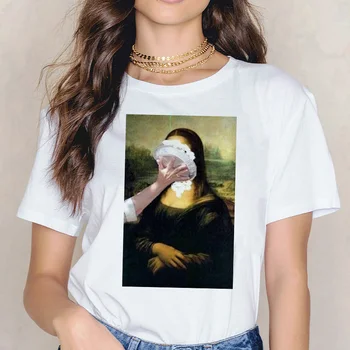 Mona Lisa Nauji Marškinėliai Mados Moterų Vintage marškinėliai 90-ųjų Moterų hip-hop Estetinės viršuje Marškinėlius Ullzang Balta Harajuku 90s
