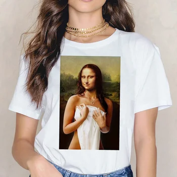 Mona Lisa Nauji Marškinėliai Mados Moterų Vintage marškinėliai 90-ųjų Moterų hip-hop Estetinės viršuje Marškinėlius Ullzang Balta Harajuku 90s