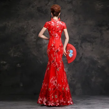 Raudona Undinėlės Nuotaka Cheongsam Ilgai Tradicinių Qipao Kinijos Vakarinę Suknelę Rytų Vestuvės Suknelės, Siuvinėjimai Blizgančiais Skraiste