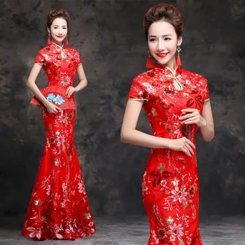 Raudona Undinėlės Nuotaka Cheongsam Ilgai Tradicinių Qipao Kinijos Vakarinę Suknelę Rytų Vestuvės Suknelės, Siuvinėjimai Blizgančiais Skraiste