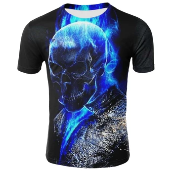 2020Mens Kaukolė T marškinėliai Mados Vasaros trumpomis Rankovėmis Ghost Rider Cool T-shirt 3D Blue Kaukolė Spausdinti Viršūnes Roko Gaisro Kaukolė Marškinėlius Vyrams