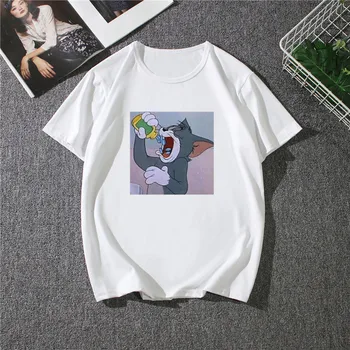 Vasarą Naujos O-kaklo Moterys T-Shirt Įdomus Katė Tom Pelės Jerry Mielas trumpomis Rankovėmis T-Shirt