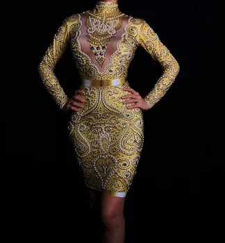 Aukštos Kokybės Skiedra Juodojo Aukso Ilgomis Rankovėmis Šviečia Duobute Suknelė Naktinis Klubas Šalies Šokėja Kostiumai