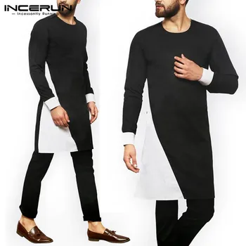 Vyrai Indijos Marškiniai Derliaus Kratinys ilgomis Rankovėmis Kurtas Laisvalaikio 2021 O Kaklo Streetwear Mens Musulmonų Kaftan Ilgai Viršūnės S-5XL INCERUN