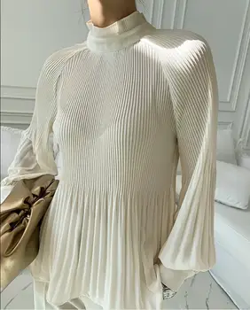 Vinatge prancūzų stiliaus teismas žibintų rankovėmis palaidinė moterims stovėti apykaklės, plisuotos top marškinėliai