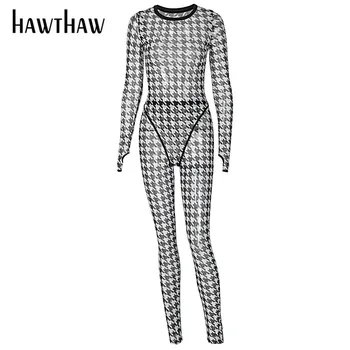 Hawthaw Moterų Rudenį Ilgomis Rankovėmis Matyti Per Akies Spausdinti Bodysuit Ilgas Kelnes Dviejų Dalių Rinkiniai 2020 M. Rudenį Drabužių Streetwear Kostiumas