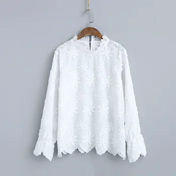 Japonijos Korėjiečių Vaiskiai Balta Palaidinė Gėlės Išsiuvinėti Marškiniai, Moterų 2020 M. Vasaros Nėriniai Stovėti Apykakle Ilgomis Rankovėmis, Balti Marškinėliai Moterims