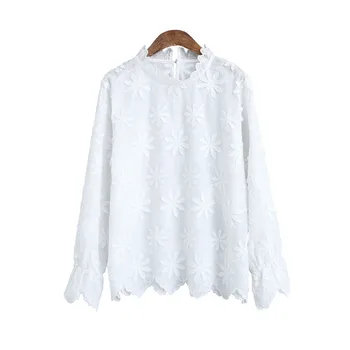 Japonijos Korėjiečių Vaiskiai Balta Palaidinė Gėlės Išsiuvinėti Marškiniai, Moterų 2020 M. Vasaros Nėriniai Stovėti Apykakle Ilgomis Rankovėmis, Balti Marškinėliai Moterims