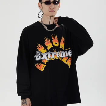 Aolamegs vyriški Marškinėliai Liepsna Laišką Print Long Sleeve T Shirt Vyrai, O Kaklas Plonas Harajuku Kolegija Stiliaus Hip-Hop Hipster Streetwear