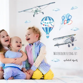 Akvarelė skrydžio karšto oro balionu, Sienos Lipdukas vaikams, kūdikių kambariai namų puošybai PVC Sienų Lipdukai vaikų darželio lipdukai, tapetai