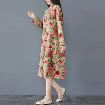 Moterų Derliaus Medvilnės Skalbiniai Ilgai Suknelė Naują 2020 M. Rudenį Kinų Stiliaus Gėlių Spausdinti Laisvi, Patogūs Moterų Atsitiktinis Suknelės S1621
